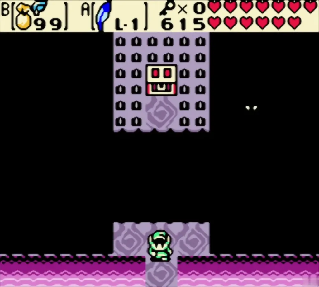 Link in a dark Explorer's Crypt room below a red-eyed skull block Link in a dark Explorer's Crypt room below a red-eyed skull block