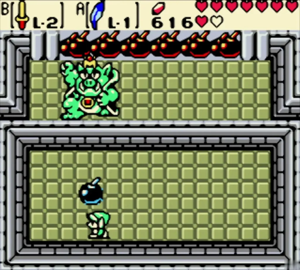 Link throwing a bomb back at the Great Moblin behind his cannon wall Link throwing a bomb back at the Great Moblin behind his cannon wall