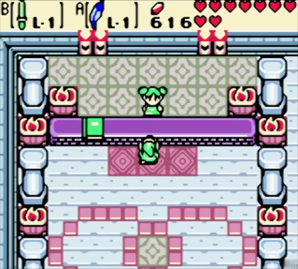Link standing in the Hall of Secrets with the level-1 sword before the Noble Sword is given Link standing in the Hall of Secrets with the level-1 sword before the Noble Sword is given
