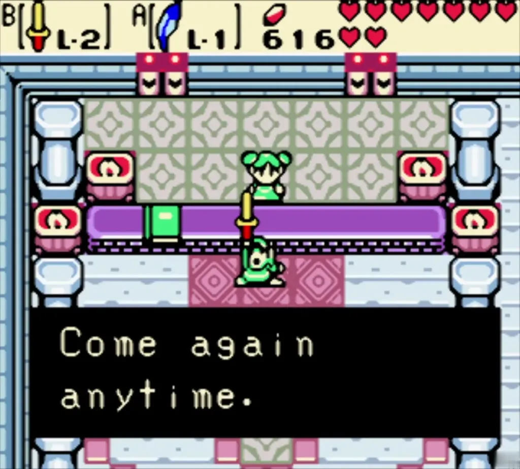 Link in the Hall of Secrets with the level-2 Noble Sword, the closing message reading "Come again anytime." Link in the Hall of Secrets with the level-2 Noble Sword, the closing message reading "Come again anytime."