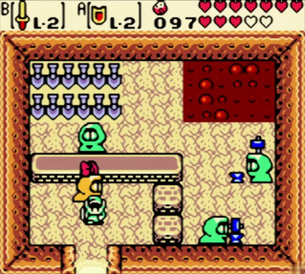 Link in the Subrosian Smithy with the Iron Shield level 2 set as the A item on the status bar Link in the Subrosian Smithy with the Iron Shield level 2 set as the A item on the status bar