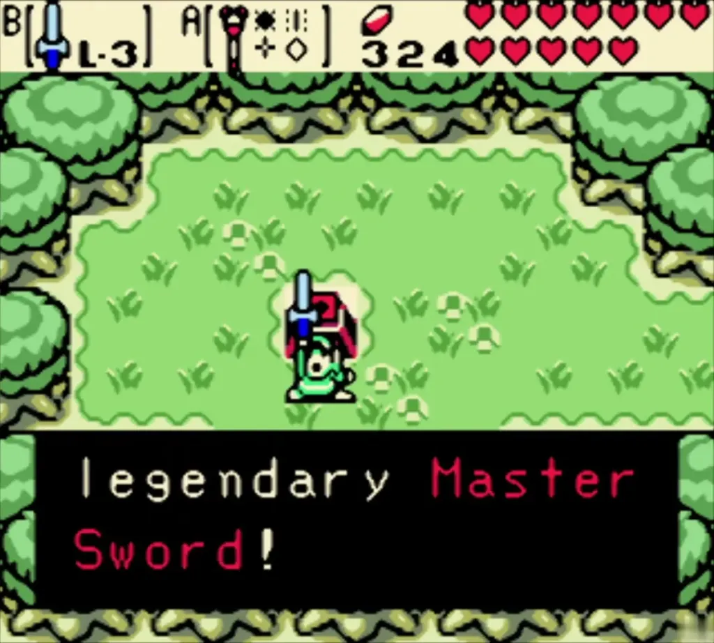 Link holding up the legendary Master Sword with the message fully typed Link holding up the legendary Master Sword with the message fully typed