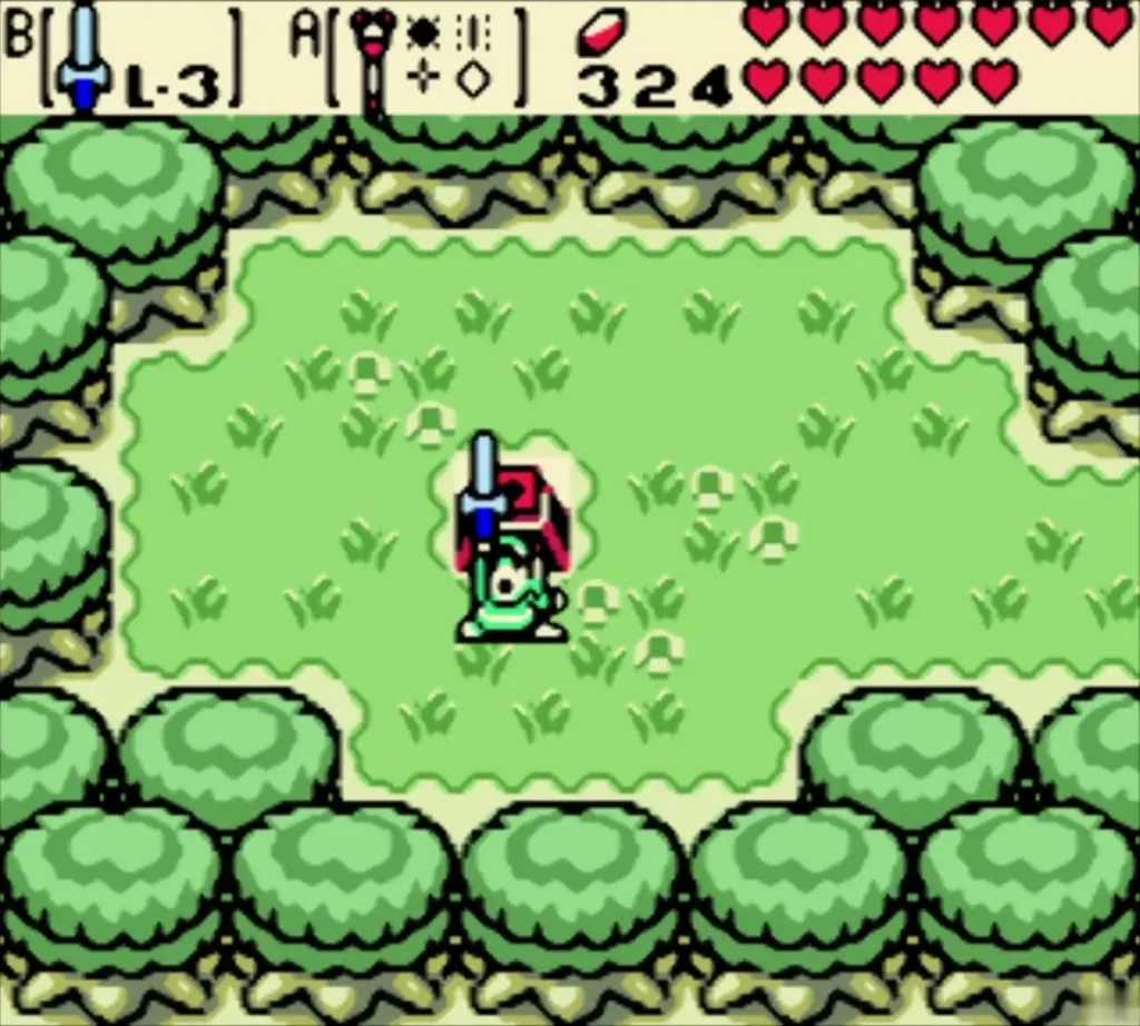 Link at the Master Sword pedestal with the B slot now showing the sword at L-3 Link at the Master Sword pedestal with the B slot now showing the sword at L-3