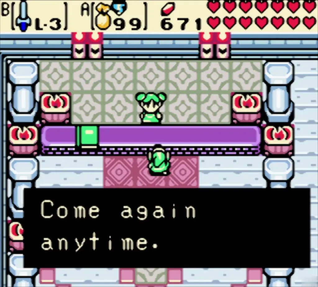 Link in the secret chamber after getting the Mirror Shield, with the "Come again anytime" message in the box Link in the secret chamber after getting the Mirror Shield, with the "Come again anytime" message in the box