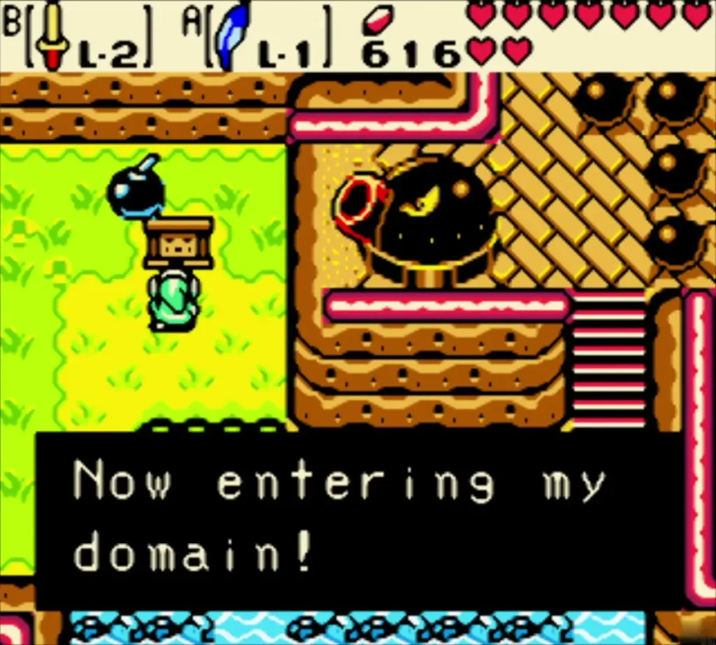 Link at the keep gate as the Great Moblin warns 'Now entering my domain!' Link at the keep gate as the Great Moblin warns 'Now entering my domain!'