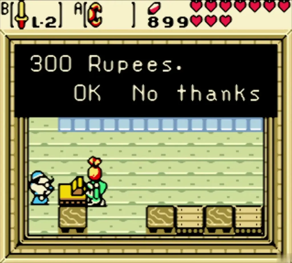 Shop back-room prompt offering the Seed Satchel upgrade for 300 Rupees Shop back-room prompt offering the Seed Satchel upgrade for 300 Rupees