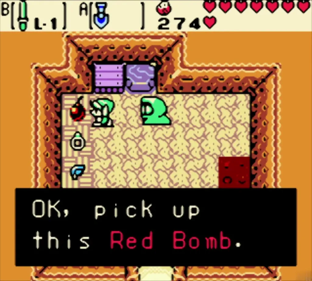 Subrosian Market merchant telling Link to pick up the Red Bomb Subrosian Market merchant telling Link to pick up the Red Bomb