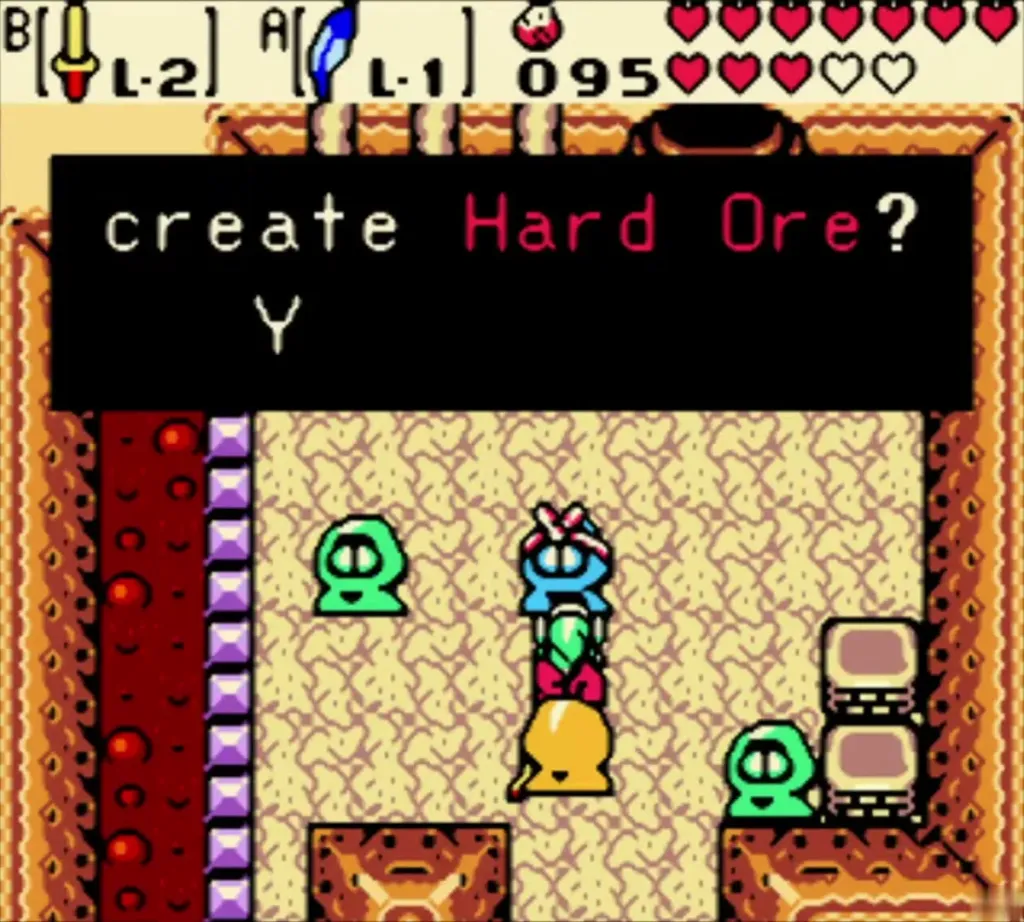 Subrosian smith in the smithy asking whether to create Hard Ore, with the prompt reading "create Hard Ore?" Subrosian smith in the smithy asking whether to create Hard Ore, with the prompt reading "create Hard Ore?"