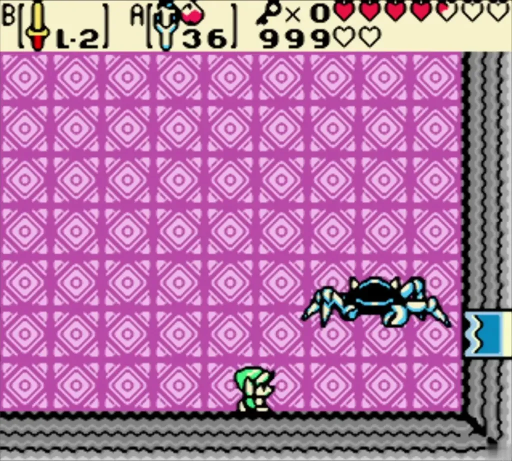 Gohma, a blue crab boss, in the pink diamond boss room of the Dancing Dragon Dungeon with Link below Gohma, a blue crab boss, in the pink diamond boss room of the Dancing Dragon Dungeon with Link below