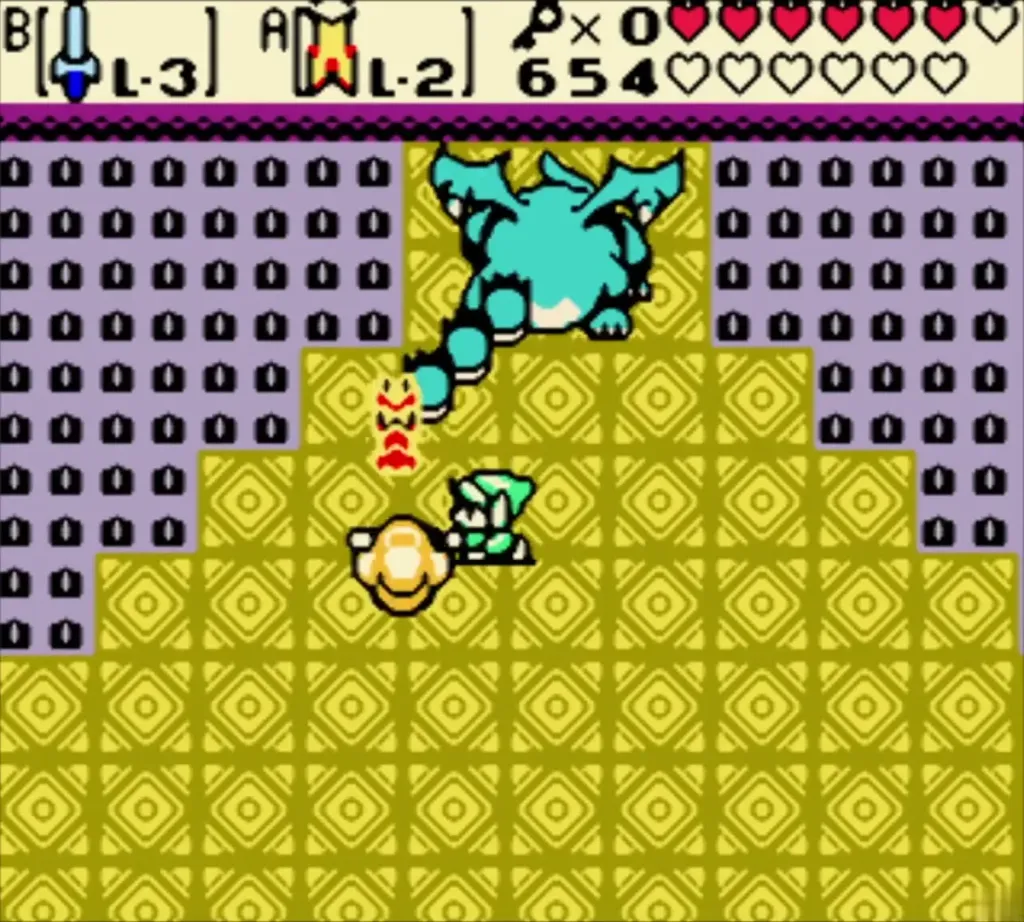 Gleeok's head raised over the boss room floor with Link sword-fighting below it Gleeok's head raised over the boss room floor with Link sword-fighting below it