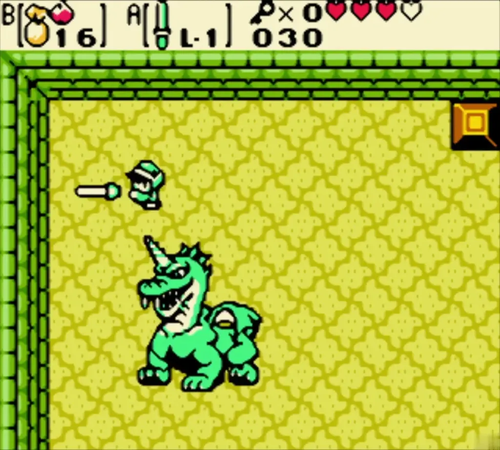 Link with the sword raised against the horned dragon Aquamentus in the Gnarled Root Dungeon boss room Link with the sword raised against the horned dragon Aquamentus in the Gnarled Root Dungeon boss room