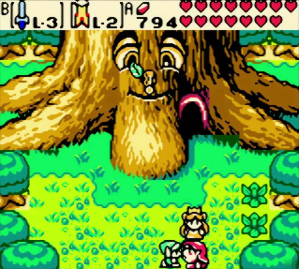 Link walks away from the Maku Tree clearing with Impa and Din Link walks away from the Maku Tree clearing with Impa and Din