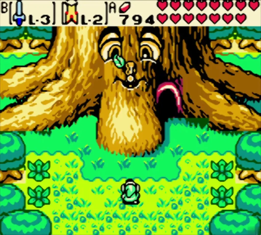 Link stands on the green clearing in front of the Maku Tree Link stands on the green clearing in front of the Maku Tree