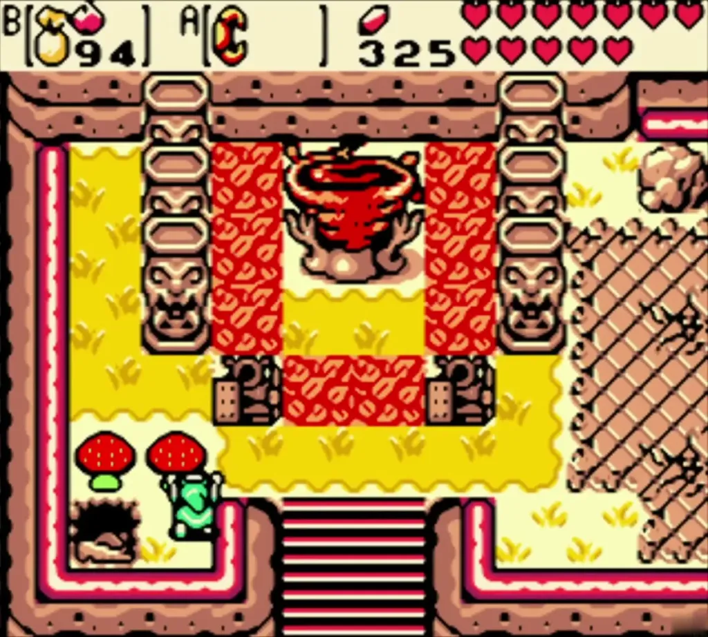 Link in the autumn sand cave near the red-topped stump, where he will plant the seed Link in the autumn sand cave near the red-topped stump, where he will plant the seed