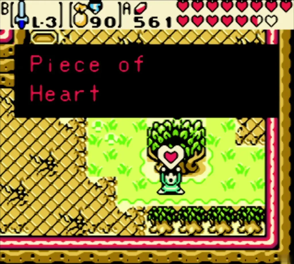 Link holding up the Piece of Heart that came out of the Gasha Nut in the totem field Link holding up the Piece of Heart that came out of the Gasha Nut in the totem field