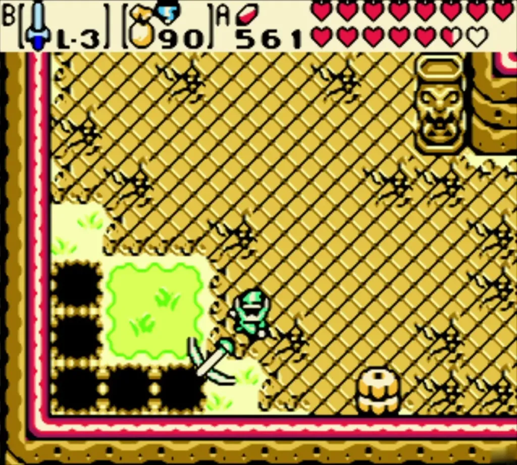 Link in the green totem-field clearing beside the high-rarity Gasha tree, sword raised Link in the green totem-field clearing beside the high-rarity Gasha tree, sword raised