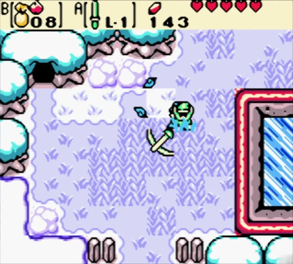 Link swinging his sword at the grown Gasha tree on the snowy lake bank Link swinging his sword at the grown Gasha tree on the snowy lake bank