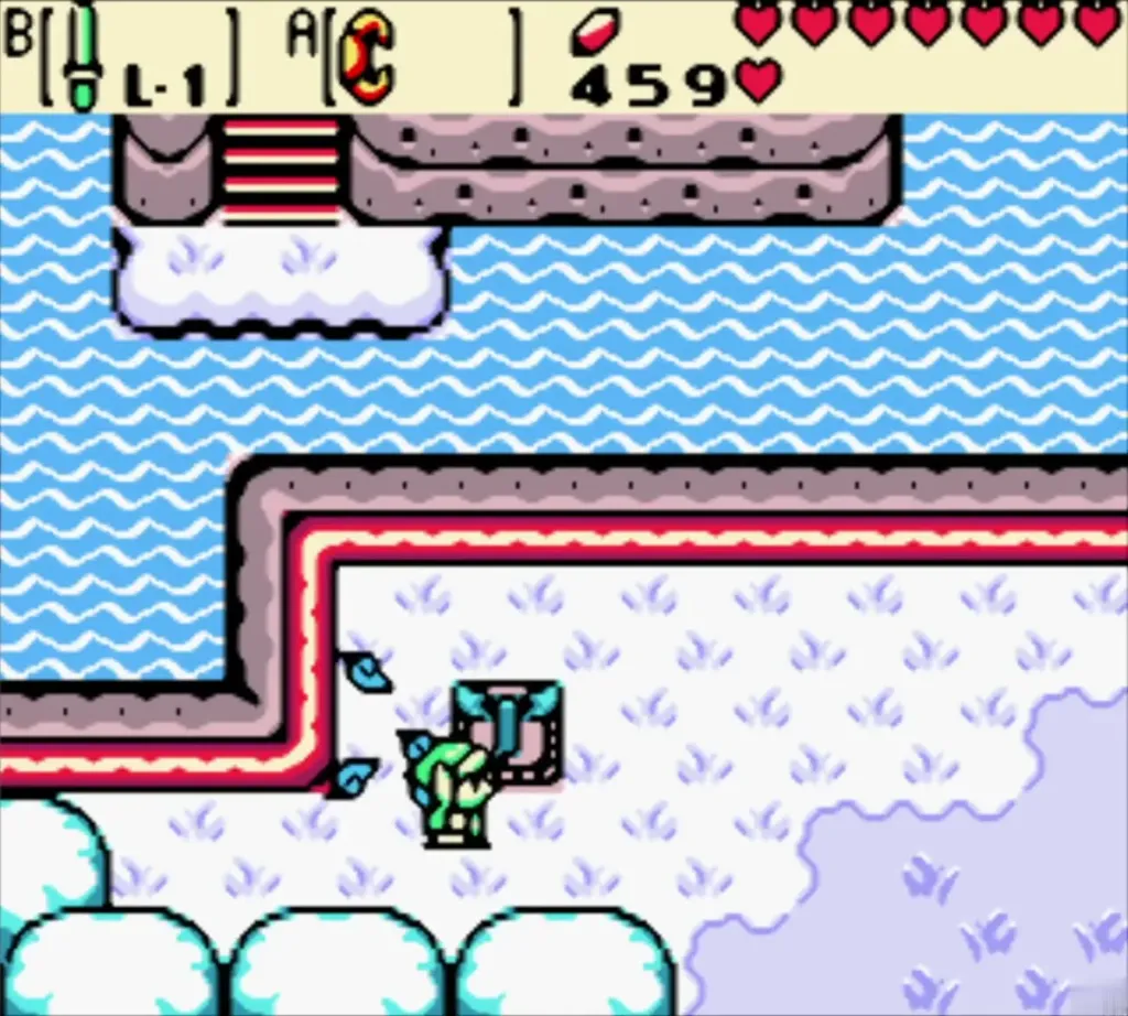 Link beside the new Gasha sprout on the winter river bank Link beside the new Gasha sprout on the winter river bank