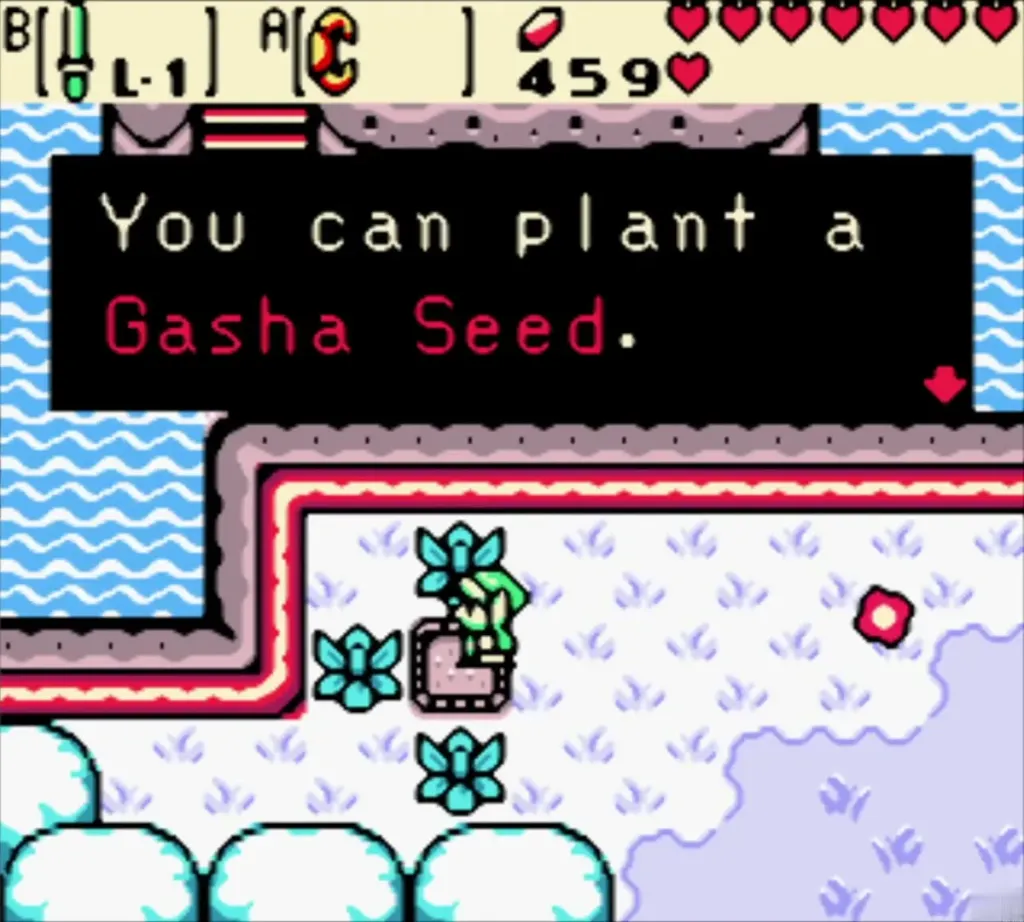 Link on the winter river bank with the You can plant a Gasha Seed message on the soft soil Link on the winter river bank with the You can plant a Gasha Seed message on the soft soil