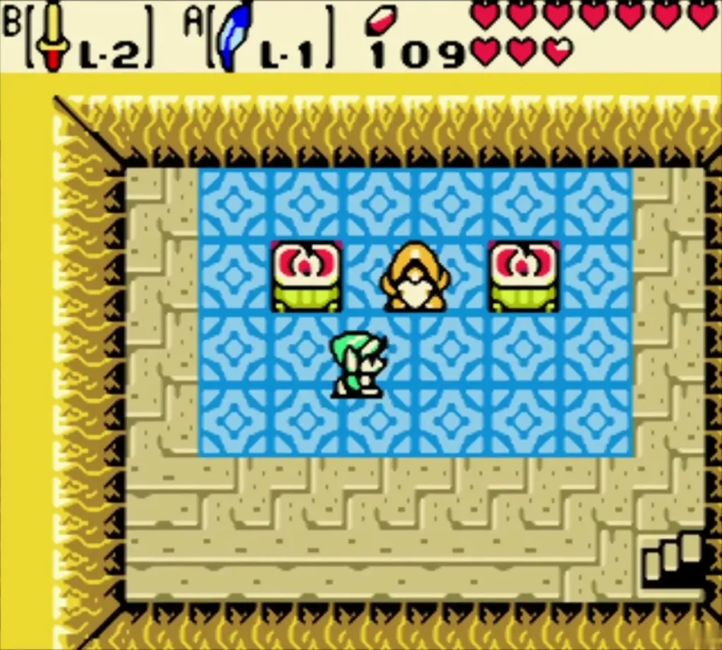 Golden-haired old man standing in the blue-tiled chest room with Link Golden-haired old man standing in the blue-tiled chest room with Link