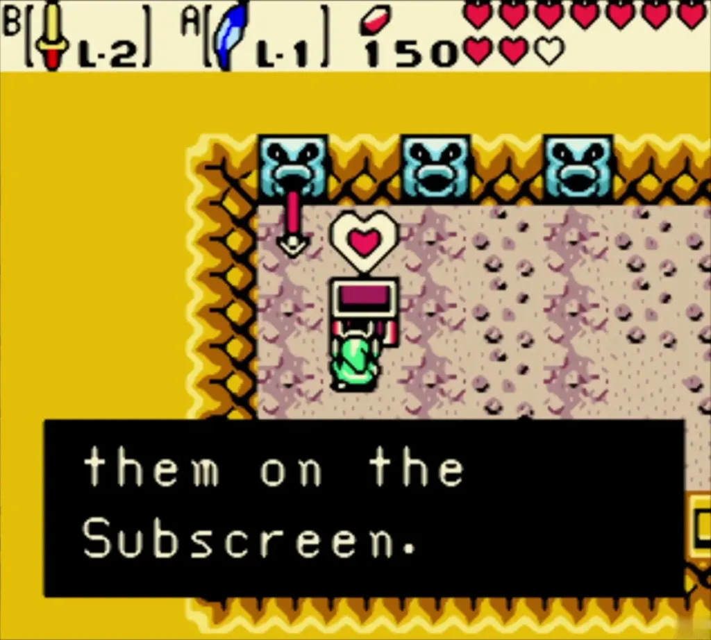 Link holding the Piece of Heart over his head in the gold-walled cave beneath Eyeglass Lake Link holding the Piece of Heart over his head in the gold-walled cave beneath Eyeglass Lake