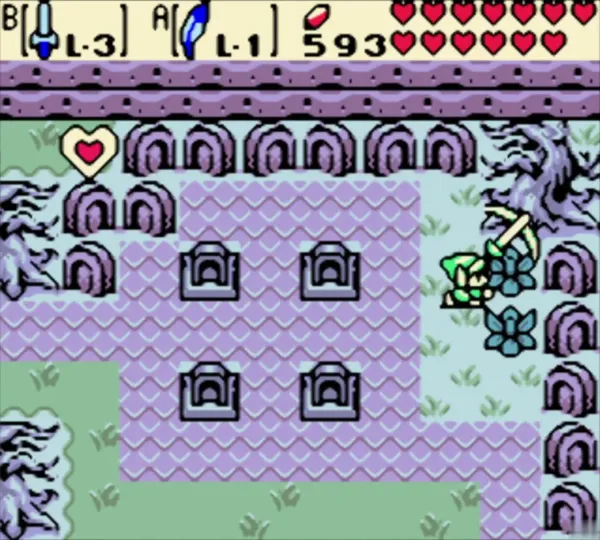 Link beside the graveyard tombstones with the uncollected heart icon in the top-left wall