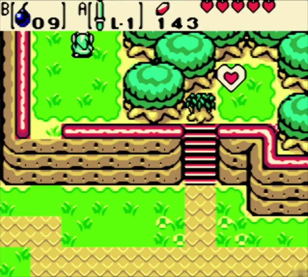 Link on the Horon Village cliff with bombs selected and the bush beside the heart ledge