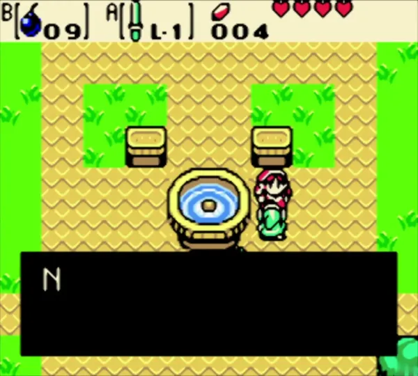 Link holding the Piece of Heart over his head after Maple's drop Link holding the Piece of Heart over his head after Maple's drop