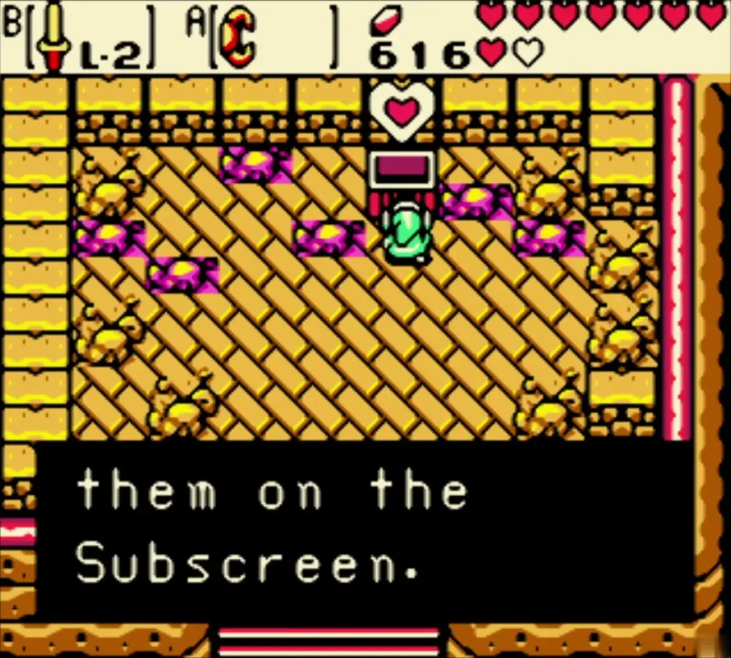 Link holding the Piece of Heart over his head at the chest in the Moblin Keep Link holding the Piece of Heart over his head at the chest in the Moblin Keep
