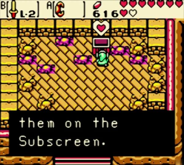 Link holding the Piece of Heart over his head at the chest in the Moblin Keep Link holding the Piece of Heart over his head at the chest in the Moblin Keep