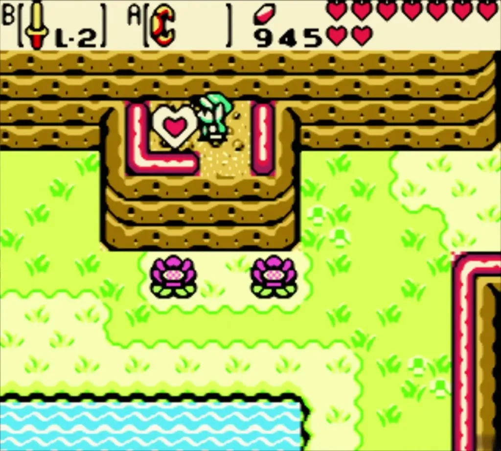 Link standing on the grass ledge beside the Piece of Heart on Mt. Cucco Link standing on the grass ledge beside the Piece of Heart on Mt. Cucco
