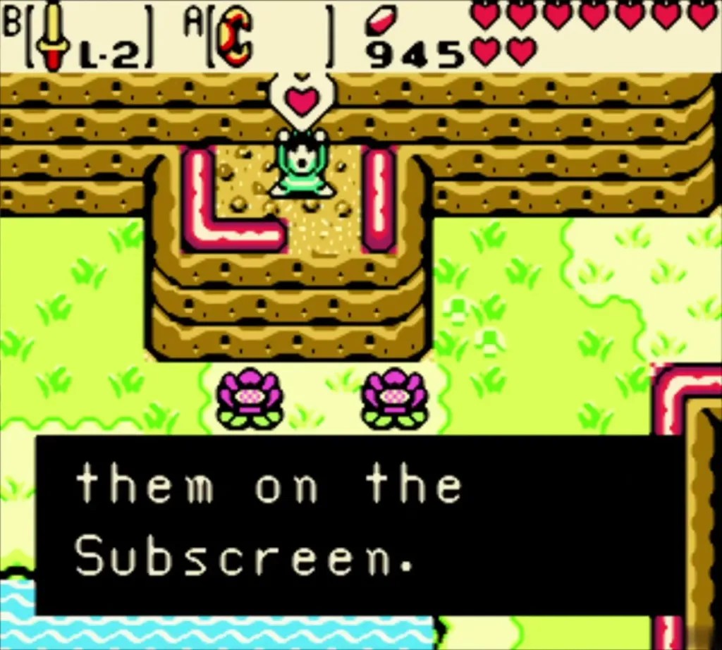 Link holding the Piece of Heart over his head with the message box on Mt. Cucco Link holding the Piece of Heart over his head with the message box on Mt. Cucco