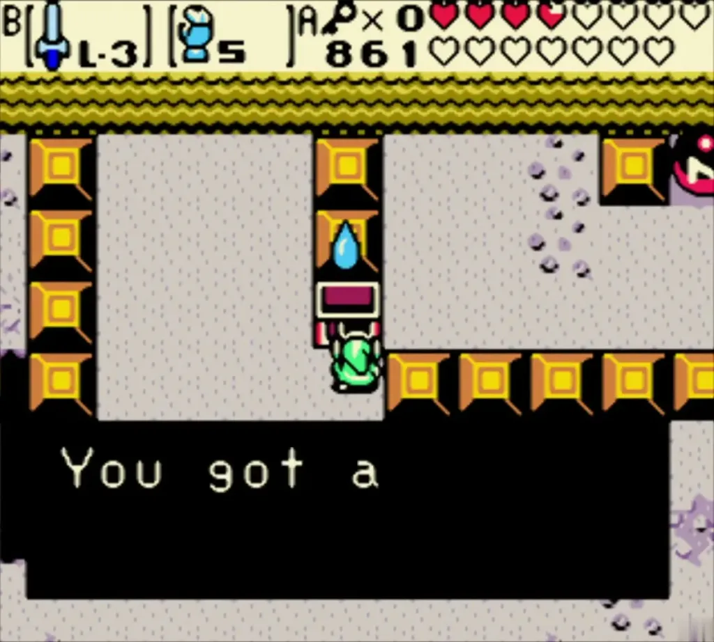 Link pulling a block aside to reach a chest in the cave Link pulling a block aside to reach a chest in the cave