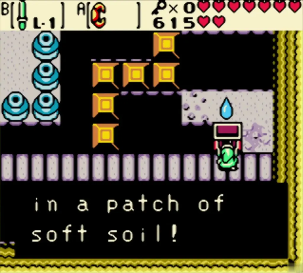 Link riding the conveyor ledge toward a chest in Hero's Cave Link riding the conveyor ledge toward a chest in Hero's Cave