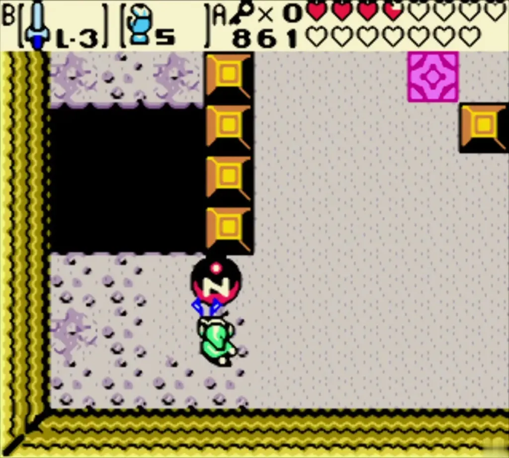 Link pulled toward a magnetic pole by the Magnetic Gloves in the Hero's Cave Link pulled toward a magnetic pole by the Magnetic Gloves in the Hero's Cave