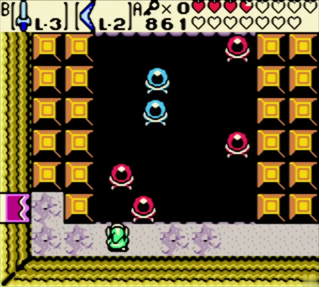 Link fighting the floating saucer enemies in a cave room Link fighting the floating saucer enemies in a cave room