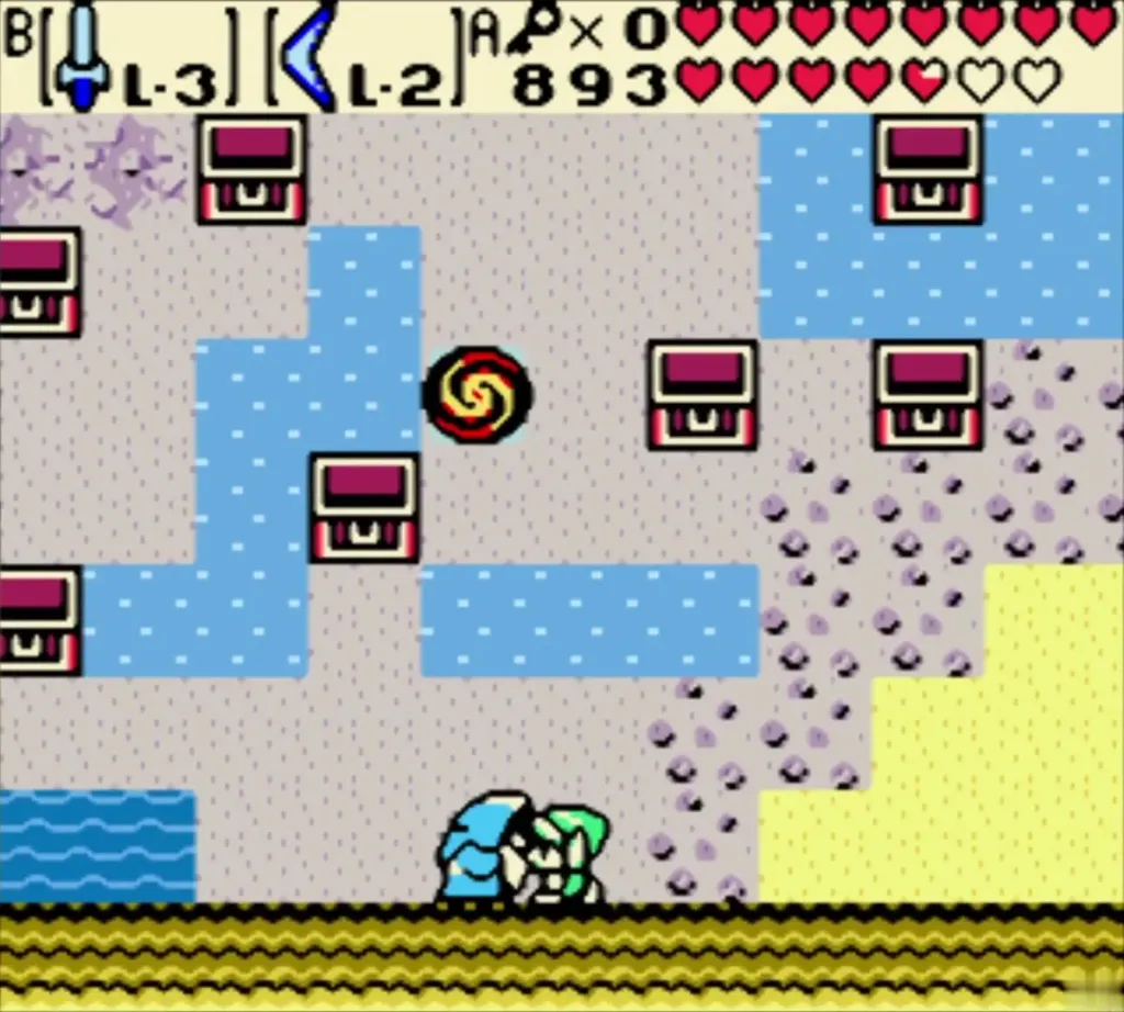 Trial room with eight chests and a swirl tile laid out over the water Trial room with eight chests and a swirl tile laid out over the water