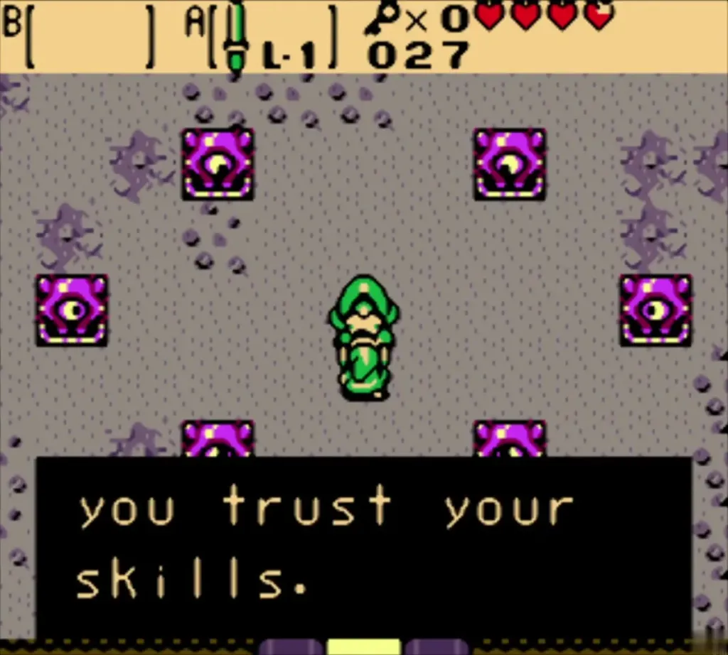 Link in the eye-tile entrance room under a sign reading you trust your skills Link in the eye-tile entrance room under a sign reading you trust your skills