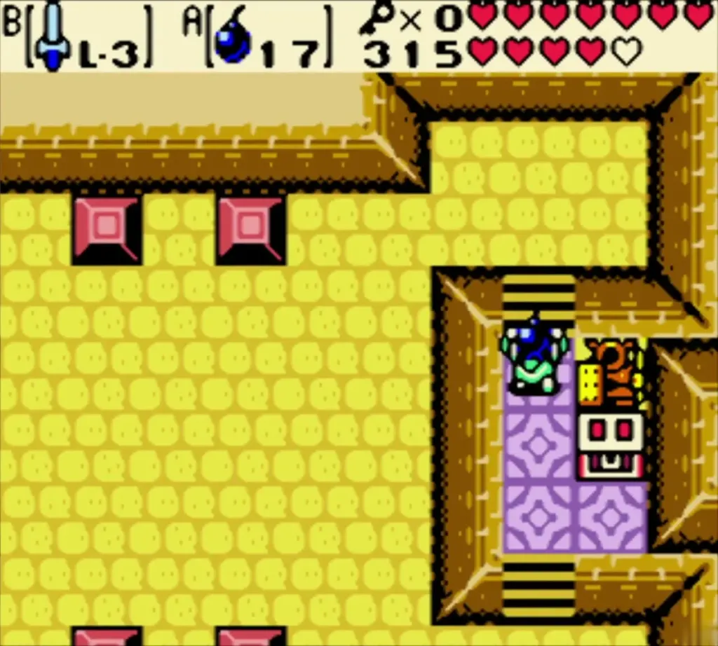 Link entering the Armos room of the Ancient Ruins with its chest and statues Link entering the Armos room of the Ancient Ruins with its chest and statues
