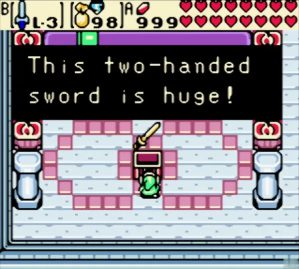 Biggoron's Sword held above the chest with the "This two-handed sword is huge!" message complete Biggoron's Sword held above the chest with the "This two-handed sword is huge!" message complete