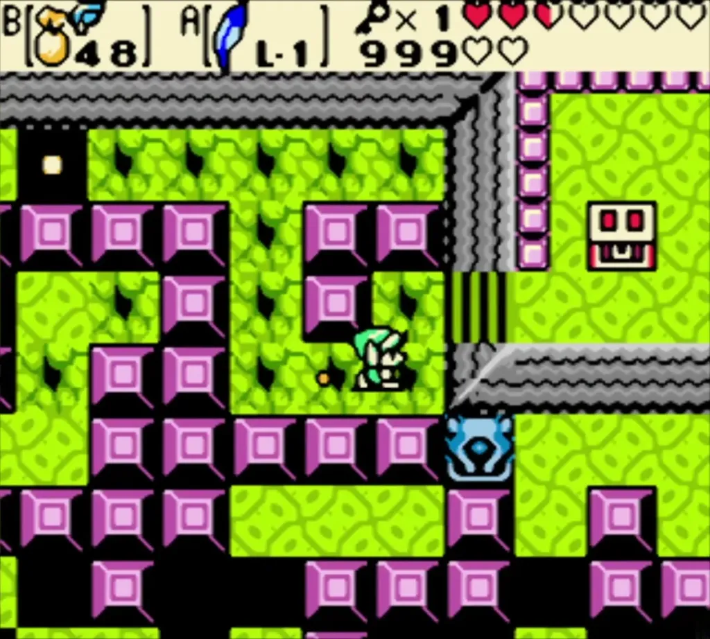 Link in the green-floored room of the Dancing Dragon Dungeon among pink blocks Link in the green-floored room of the Dancing Dragon Dungeon among pink blocks