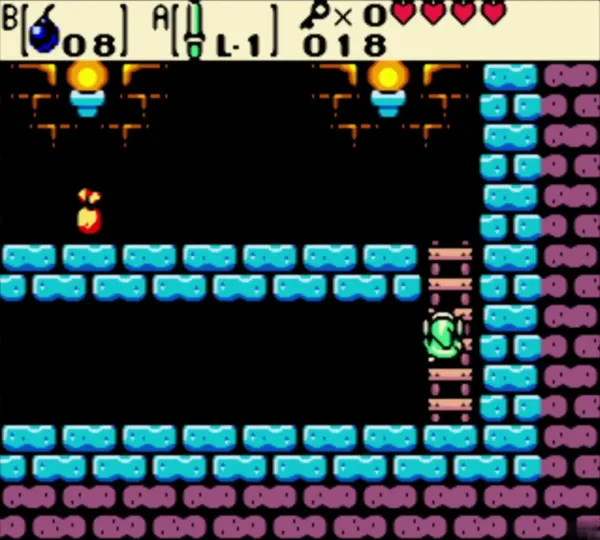 Link beside the ladder in the side-scrolling basement of the Gnarled Root Dungeon Link beside the ladder in the side-scrolling basement of the Gnarled Root Dungeon
