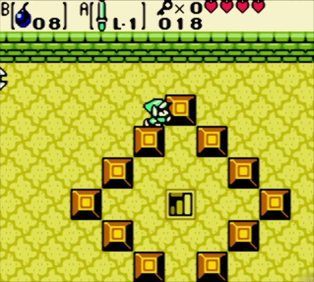 Link on the diamond of blocks above the side-scrolling basement in the Gnarled Root Dungeon Link on the diamond of blocks above the side-scrolling basement in the Gnarled Root Dungeon