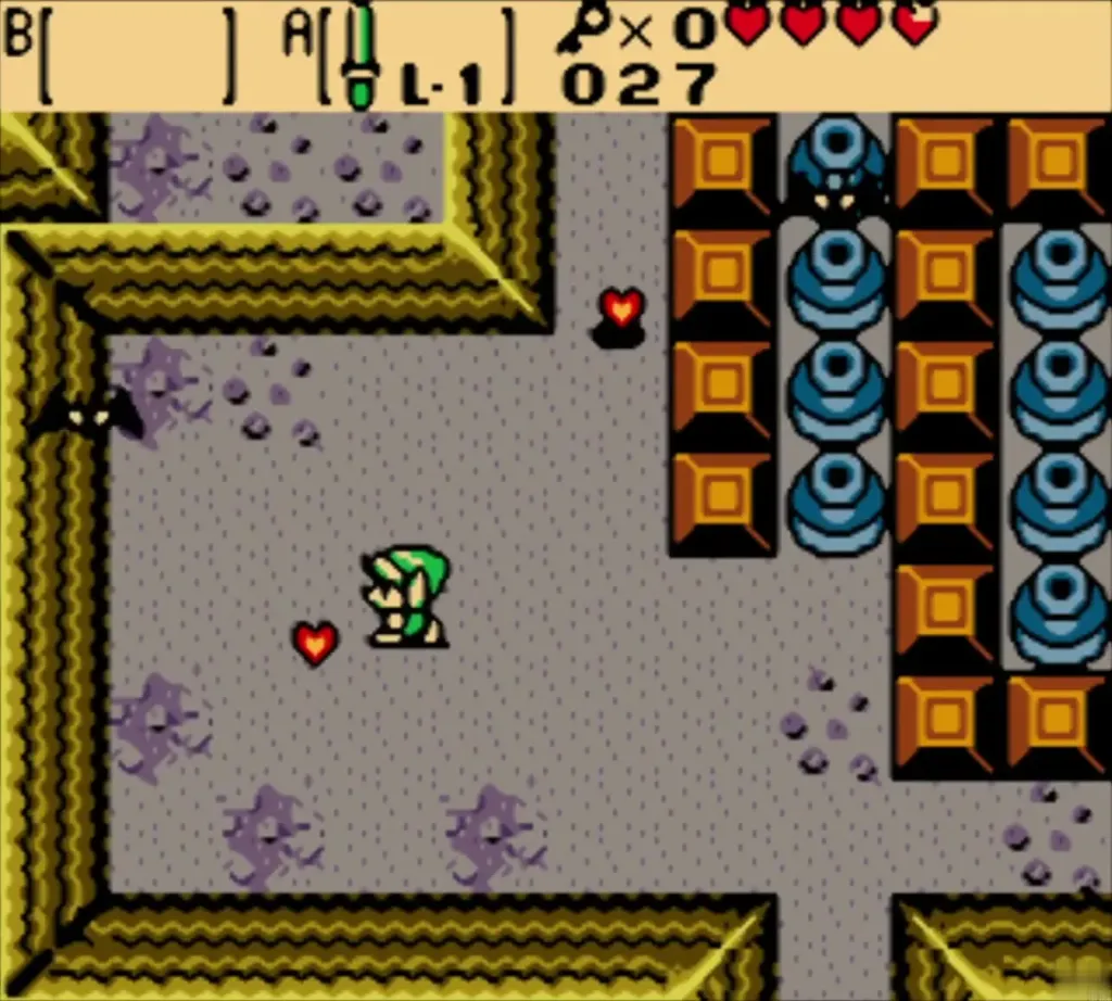 Link in a block room of the Hero's Cave with hearts and a Keese bat nearby Link in a block room of the Hero's Cave with hearts and a Keese bat nearby