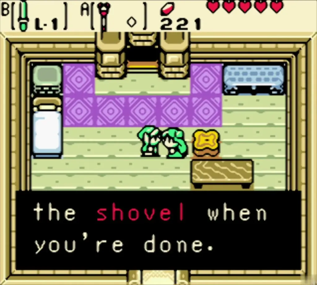 Holly telling Link to keep the shovel when he is done, with the message complete Holly telling Link to keep the shovel when he is done, with the message complete