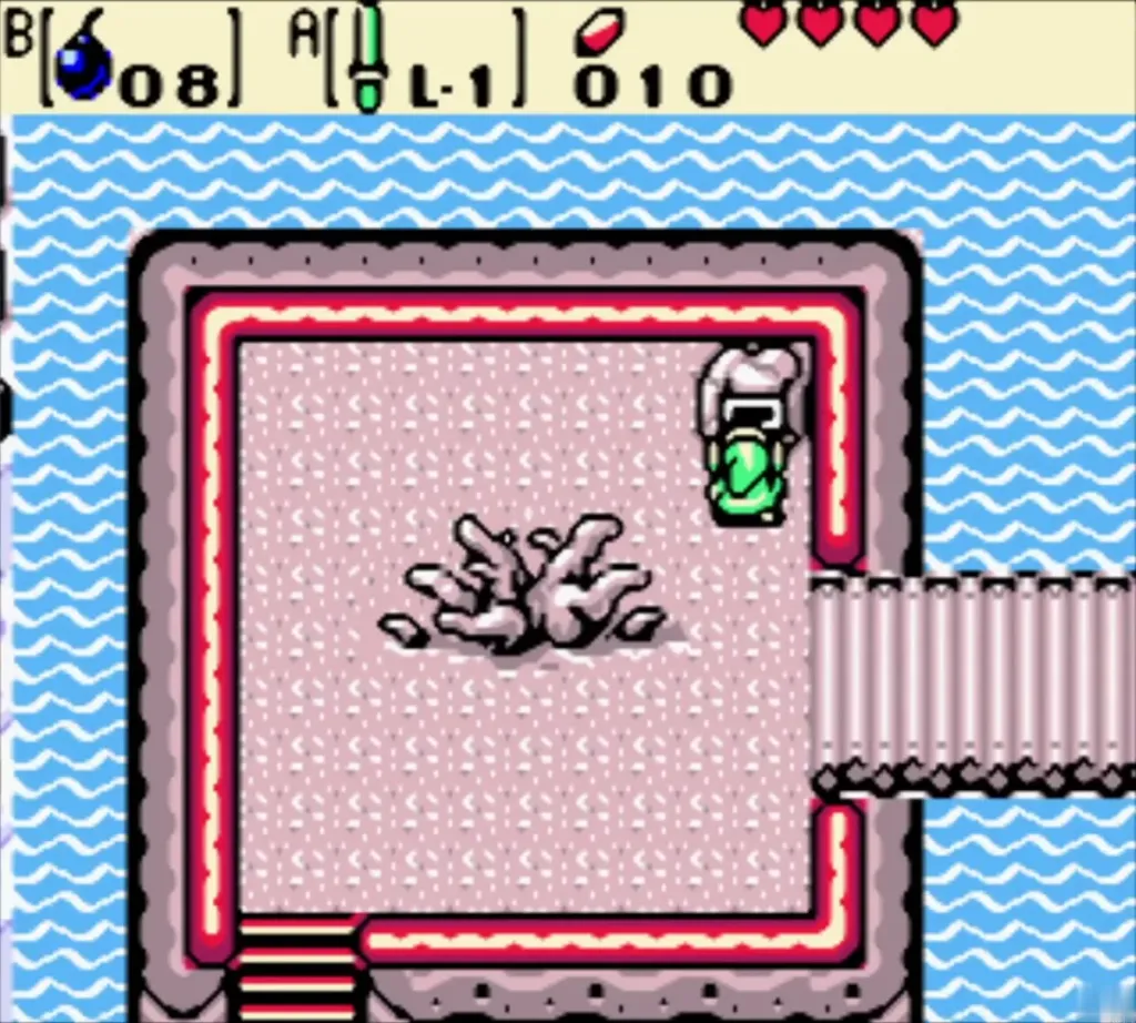 Link beside the statue on the island with the withered tree in the lake Link beside the statue on the island with the withered tree in the lake