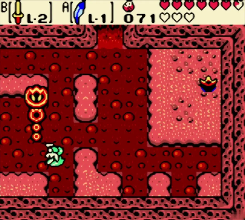 Link crossing the red lava area of Subrosia on the way to the Bomb Flower Link crossing the red lava area of Subrosia on the way to the Bomb Flower