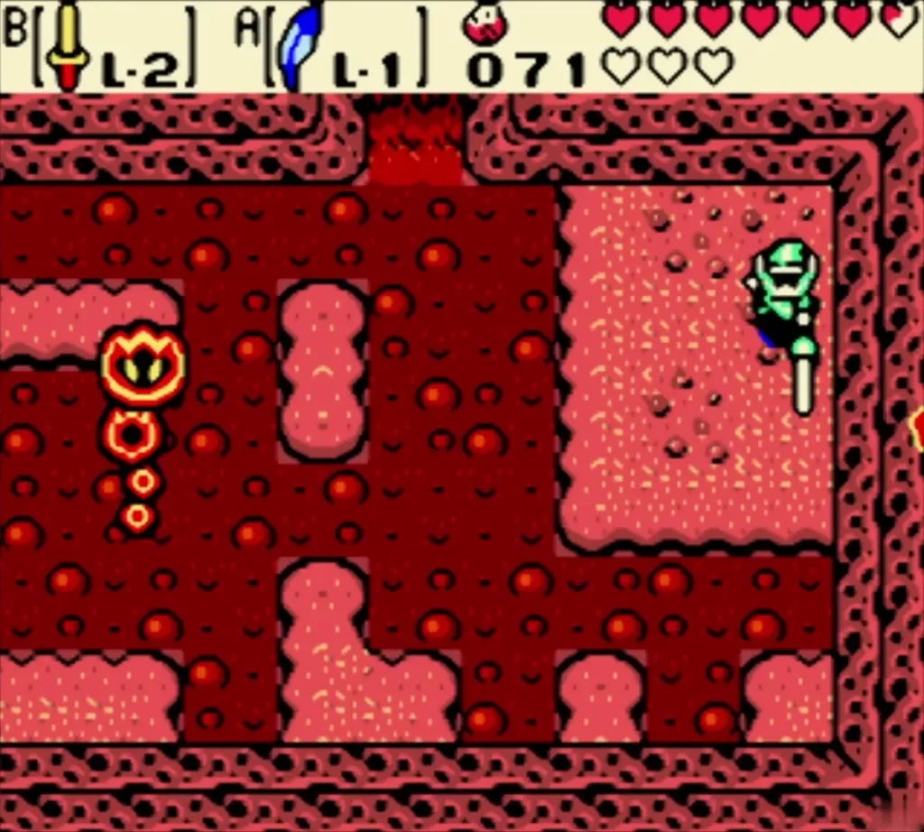 Link in the far corner of the Subrosian lava room beside the lake of lava Link in the far corner of the Subrosian lava room beside the lake of lava