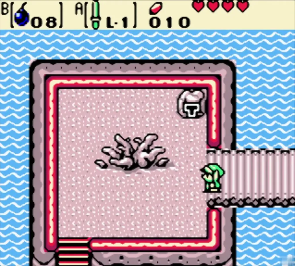 Link on the bridge approaching the island with the withered tree in the lake Link on the bridge approaching the island with the withered tree in the lake
