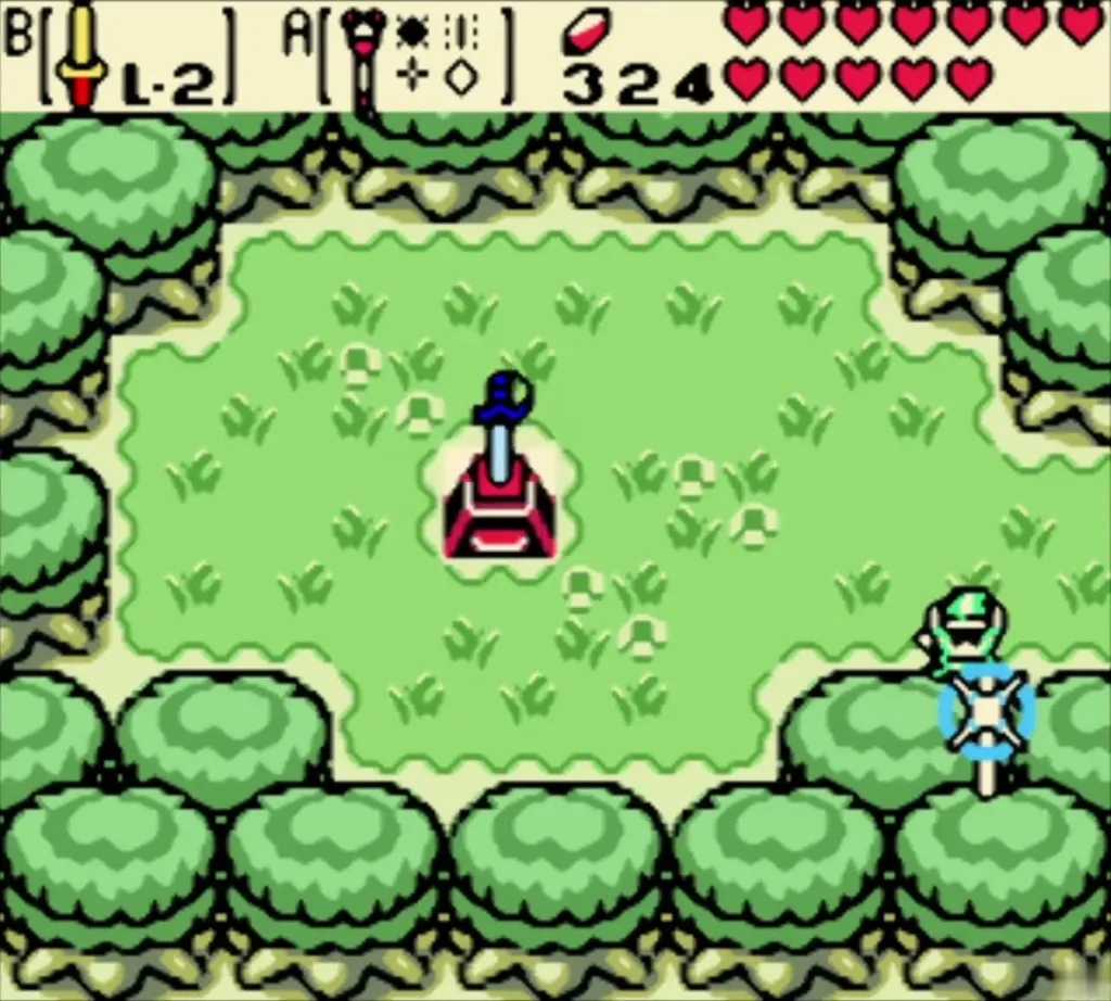 Link walking to the red Master Sword pedestal in the clearing with the Noble Sword at level 2 Link walking to the red Master Sword pedestal in the clearing with the Noble Sword at level 2